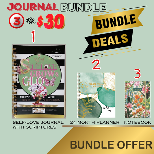 3 For $30 Bundle: Self-Love Journal With Scriptures, 24 Month Calendar & Notebook